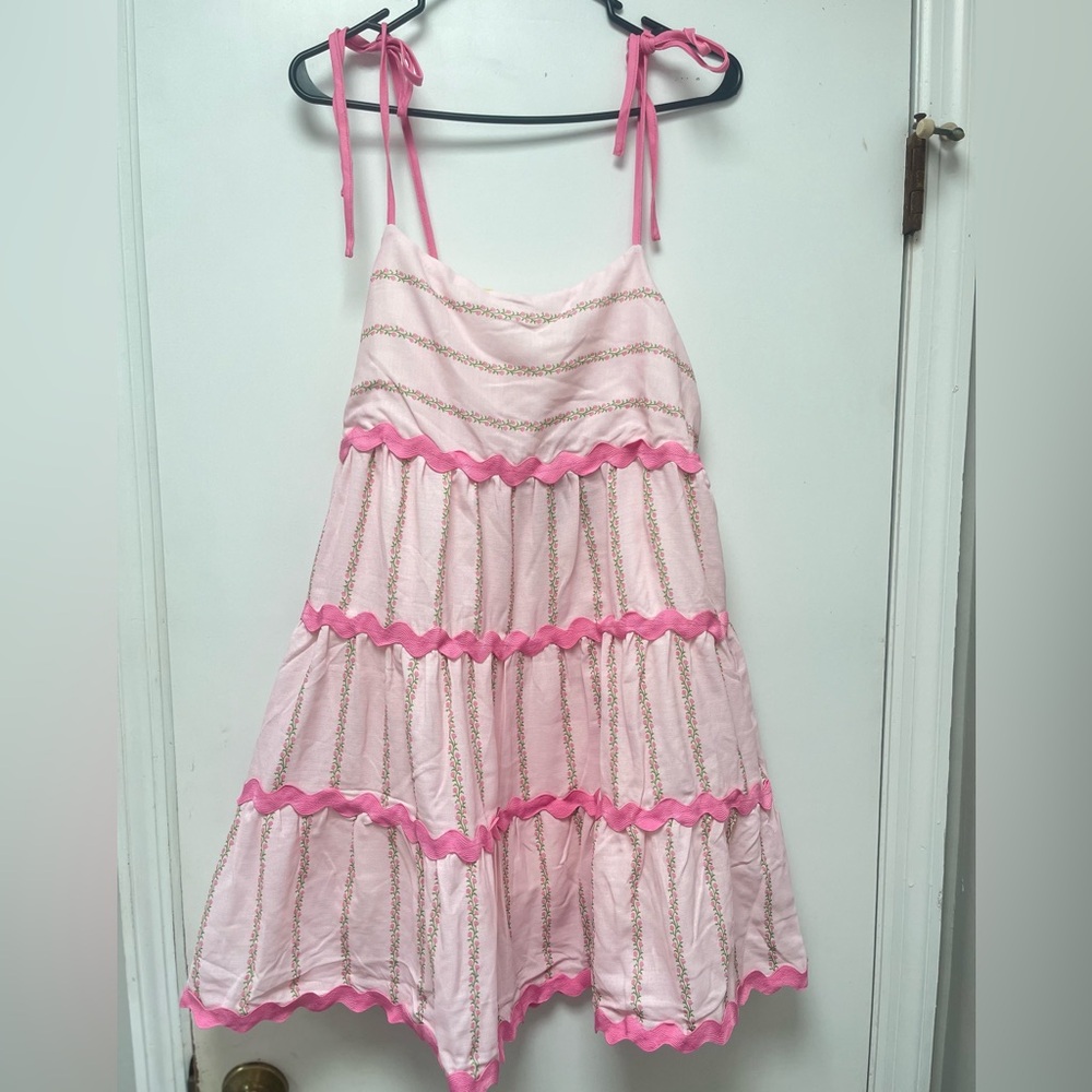 Pink Tiered Floral Dress with Pink Trim